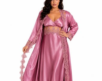 Grote maten oudroze satijnen nachtjapon, stoffige roze kanten lingerie, romantische bruidsnachtkleding XXL-4XL