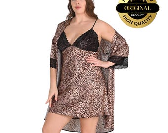 Plus Size Leopard Satin Nightgown Set, 2XL 3XL 4XL Lace Robe Lingerie, Luxury Bridal Sleepwear, Soft Satin Chemise