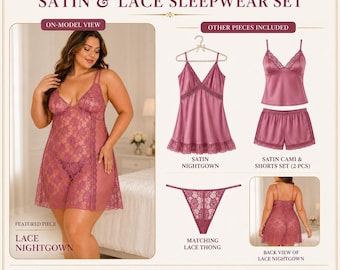 Completo da notte in raso e pizzo a 5 pezzi per taglie forti, lingerie da sposa per la luna di miele.