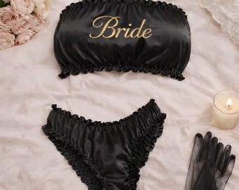 Personalized Black Satin Lingerie Set, Bride Bandeau and Panty, Bridal Honeymoon Underwear