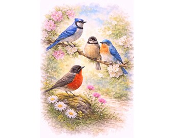 Paquete de imágenes PNG de aves primaverales en acuarela (5 diseños) / Imágenes prediseñadas de arrendajo azul y cardenal / Ave PNG con fondo blanco / PNG para sublimación / Descarga instantánea