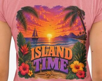 May include: A dusty rose t-shirt featuring a vibrant tropical sunset design. The graphic includes palm trees, a sailboat, and the words "ISLAND TIME" in colorful lettering. The design is framed by tropical flowers and foliage.
