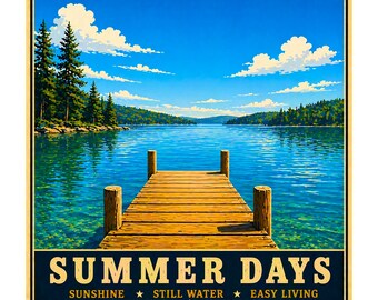May include: A scenic illustration of a wooden dock extending into a tranquil lake under a bright blue sky with fluffy white clouds. The words "SUMMER DAYS" are displayed at the bottom, along with "SUNSHINE, STILL WATER, EASY LIVING."