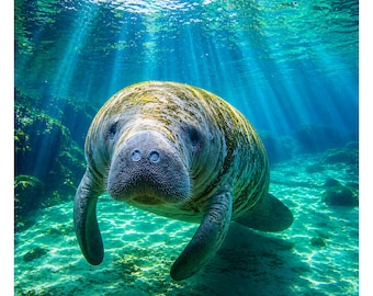 May include: An underwater image of a manatee swimming towards the viewer. The manatee has a large, rounded body with a textured, mottled appearance in shades of brown and green. The water is clear, with sunlight filtering down, creating beams of light.