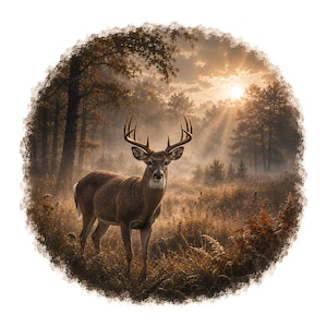May include: A circular graphic featuring a brown deer with large antlers standing in a misty forest at sunrise. The scene is illuminated by golden sunlight filtering through the trees, highlighting the tall grass and foliage in the foreground.