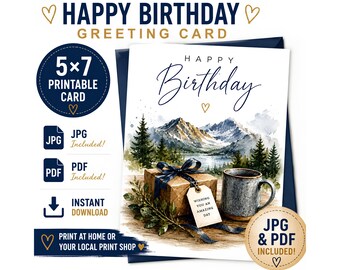 Happy Birthday Card PNG, Printable 5x7 Birthday Card, Mountain Landscape Greeting Card, Birthday Card Digital Download, JPG PDF, birthday