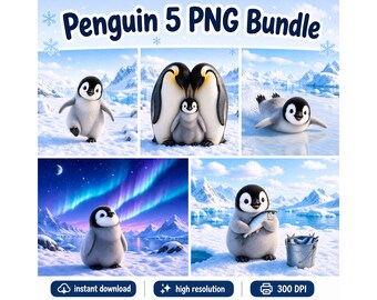 Penguin PNG Bundle, 5 cute baby penguin scenes, arctic animal png set, winter wildlife clipart, instant download bundle
