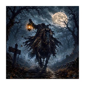 May include: A headless figure in dark, tattered clothing rides a black horse through a forest at night. The figure holds a glowing lantern aloft. A full moon shines in the cloudy sky above, and a wooden cross stands on the left side of the path.