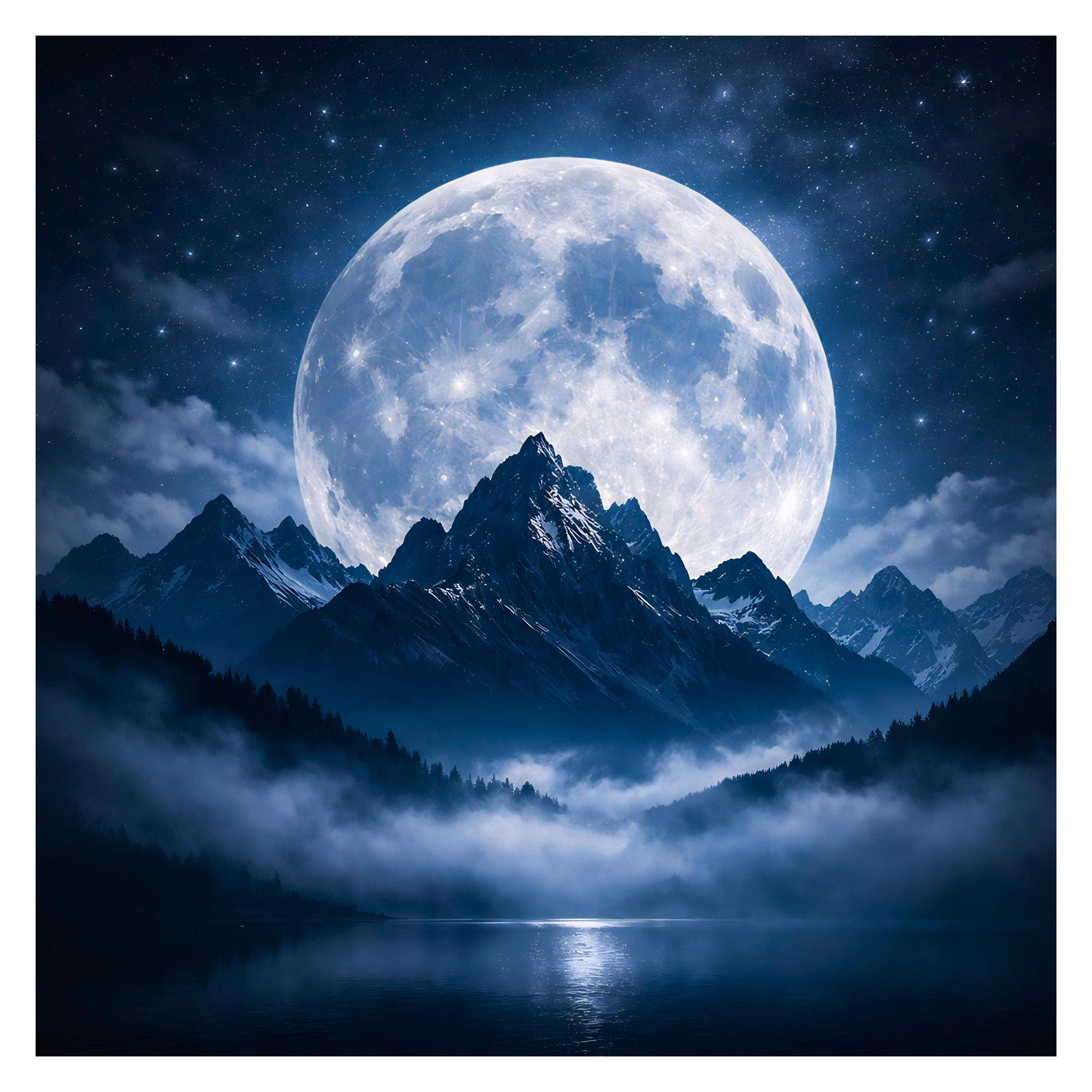 Moon Scene No.5 PNG, Moon Mountain Lake Png, Giant Full Moon Art, Misty ...