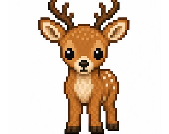 May include: A pixelated illustration of a deer with brown fur, large black eyes, and small white spots. The deer has brown antlers and is standing upright against a white background.
