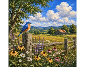 Dipinto ad olio di merlo azzurro PNG, merlo azzurro orientale png, opera d'arte di uccello da fattoria, paesaggio di campagna png, download di uccello selvatico, dipinto ad olio png, uccello