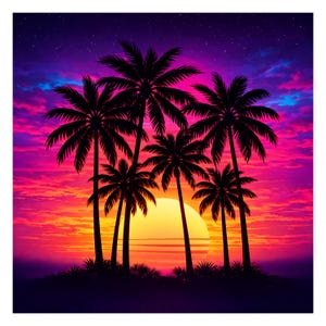以下が含まれることがあります： シルエットのヤシの木がある夕日のデジタルアート。空はオレンジからピンク、紫、青へと変化し、大きな黄色の太陽が木々の後ろに沈んでいます。いくつかの星が見えます。
