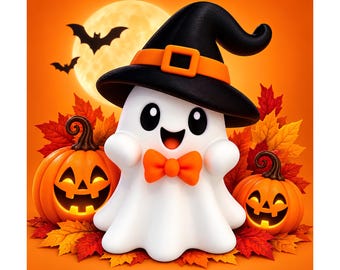 Cute Halloween Ghost 3D Print, Witch Hat Ghost Figurine, Spooky Cute Halloween Decor, 4 Inch Ghost Decoration, Halloween Gift