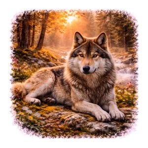 May include: A detailed illustration of a wolf lying down in a forest setting. The wolf has brown and tan fur, with amber eyes. The background features a stream, trees, and flowers, with a warm, golden light.
