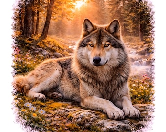 Lupo PNG / Scena di lupo a riposo / Design di animali selvatici della foresta / Clipart di animali della natura / PNG per sublimazione / Download con sfondo bianco