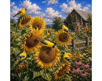 Cardellino dipinto a olio PNG, uccello girasole png, opera d'arte uccello canoro giallo, fauna selvatica fattoria png, download immediato, pittura a olio png, uccello