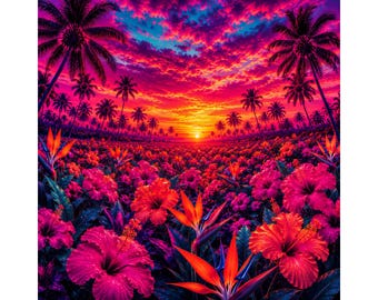 Tramonto floreale tropicale PNG, illustrazione di ibisco al neon, paesaggio tropicale in stile Miami Vice png, download istantaneo floreale retrò, retro png, miami