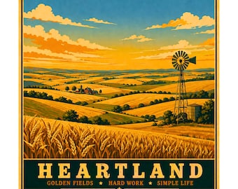May include: A vintage-style poster depicts a rural landscape with rolling golden fields under a sunset sky. A windmill stands tall, and the text "HEARTLAND" is displayed with the phrases "GOLDEN FIELDS * HARD WORK * SIMPLE LIFE" below.