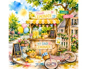 Puesto de limonada de verano PNG, acuarela de verano PNG, imágenes prediseñadas de puesto de limonada, decoración veraniega brillante, Cottagecore PNG