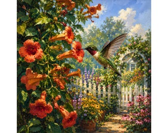 Dipinto ad olio di colibrì PNG, colibrì fiore png, opera d'arte bignonia vite, uccello da giardino cottage download, PNG istantaneo, colibrì png