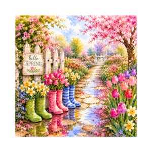 以下が含まれることがあります： 春の庭の風景を描いた水彩画。左側には「hello SPRING」と書かれた看板のある白い柵があります。色とりどりの花と、花でいっぱいの長靴が、白い門へと続く石畳の小道を縁取っています。