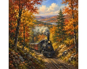 Treno a vapore autunnale PNG, ferrovia autunnale png, locomotiva dipinta ad olio png, scena ferroviaria autunnale, treno vintage download digitale, treno png