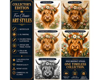 May include: A digital collection featuring five artistic renderings of a Highland cow wearing a flower crown. Styles include watercolor, oil painting, colored pencil, vintage travel poster, and pen and ink engraving, all displayed on a dark blue background.