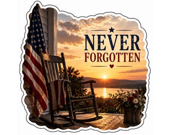 Memorial Day Never forgotten png, patriotic sunset porch design, american flag tribute, remembrance transparent background clipart