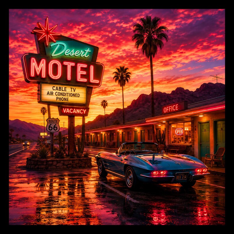 May include: A blue convertible sports car parked in front of a Desert Motel with a neon sign displaying Cable TV, Air Conditioned, Phone, and Vacancy. A Route 66 sign stands nearby under a vibrant sunset sky with palm trees and distant mountains.