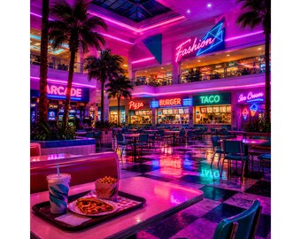 May include: A food court interior illuminated by vibrant pink and blue neon signs reading Arcade, Fashion, Pizza, Burger, Taco, and Ice Cream. A tray with a slice of pizza and a drink sits on a table in the foreground with palm trees and booths.