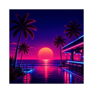 以下が含まれることがあります： ヤシの木、バー、反射面のある熱帯の夕日のシーンのデジタルアート。空は深い青から鮮やかなピンクとオレンジに変わり、太陽が海に沈みます。バーにはネオンライトがあります。