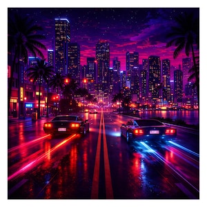 Puede incluir: Arte digital de un paisaje urbano iluminado con neón por la noche. Dos coches negros corren a gran velocidad por una carretera mojada, dejando rastros de luz roja y azul. Palmeras bordean la calle, y altos edificios están iluminados.