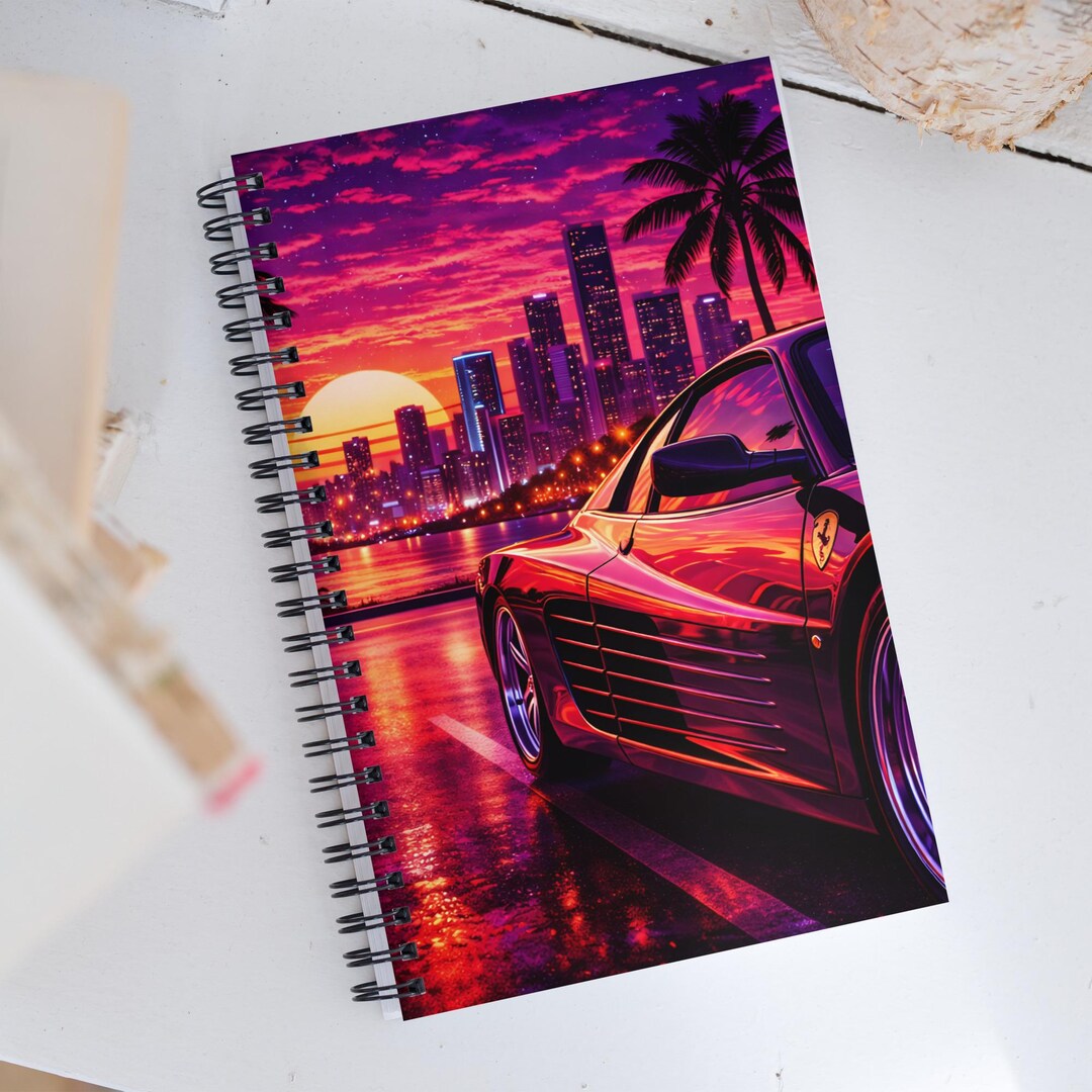 Retro Neon Car Spiral Notebook, Miami Sunset Notebook, Aesthetic Car ...