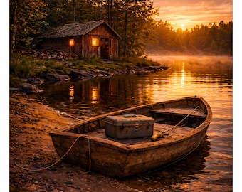May include: A serene lakeside scene at sunset. A weathered wooden boat rests on the shore, with a tackle box and fishing rod inside. A small cabin with lit windows sits on the bank, reflecting in the water. The sky is ablaze with orange and yellow hues.