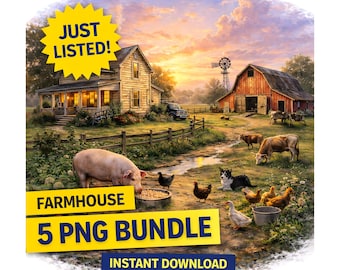 Pacote de PNGs com Cenas de Fazenda (5 Designs) | Clipart de Animais de Celeiro | PNG de Fazenda Rústica | Design para Sublimação de Estilo Campestre | Download com Fundo Branco