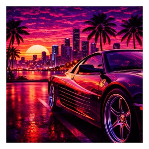 Puede incluir: Impresión digital vibrante de un coche deportivo rojo oscuro estacionado sobre una superficie mojada. El fondo muestra un horizonte urbano al atardecer con palmeras y un cielo colorido con tonos púrpura, naranja y rosa.