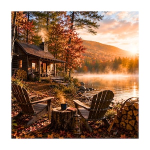Höststuga PNG, höstsjö, mysig stuga, New England-höst, bergssjö, rustik reträtt, höstlövverk, naturskön digital nedladdning