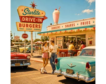 Immagine PNG di un drive-in retrò, scena americana vintage anni '50, illustrazione di un classico chiosco di hamburger, download digitale estivo nostalgico.