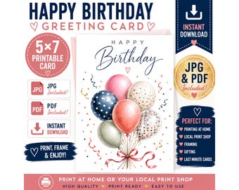 Happy Birthday Card PNG, Printable 5x7 Birthday Card, Balloon Greeting Card, Birthday Card Digital Download, JPG PDF Included, birthday card