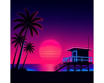 Miami Vice Retro puesta de sol en la playa png, arte de torre de salvavidas tropical neón, synthwave vaporwave costera descarga digital