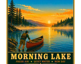 May include: A scenic illustration of a lake at sunrise with a person and a canoe. The text "MORNING LAKE" is displayed at the bottom, along with the phrases "FRESH AIR * QUIET WATER * NEW DAY". The sky is a gradient of blue and orange.