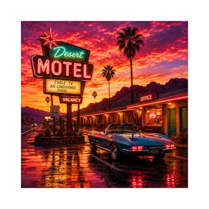 May include: A blue vintage convertible car parked in front of a Desert Motel with a neon sign displaying Cable TV, Air Conditioned, Phone, and Vacancy. A Route 66 sign stands nearby under a vibrant sunset sky with palm trees and distant mountains.