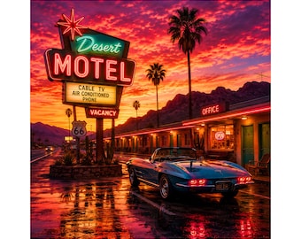 Retro Route 66 motel wall art, neon desert motel print, vintage roadside Americana decor, classic car artwork, travel poster
