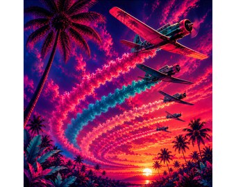 Spettacolo aereo tropicale retrò PNG, arte di un aereo al tramonto al neon, aereo in stile Miami Vice png, download di cielo tropicale vaporwave, retrò, miami vice png