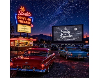 Retro Drive In Movie wall art, vintage drive in theater print, classic car decor, nostalgic Americana artwork, retro cinema poster