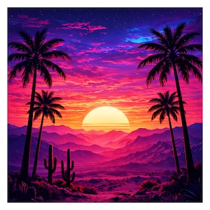 May include: A vibrant digital art print of a desert sunset. The scene features palm trees, cacti, and mountains under a sky of pink, purple, and orange hues. A large sun is setting over the mountains.