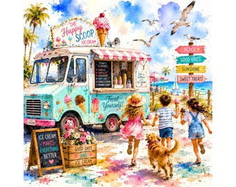 Camión de helados PNG, Playa de verano PNG, Imágenes prediseñadas de verano en acuarela, Vacaciones costeras PNG, Lindo puesto de helados