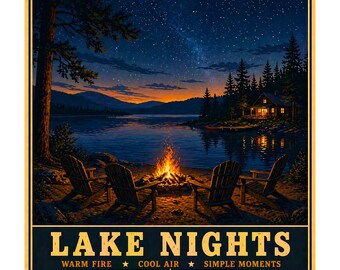 May include: A square print featuring a lakeside scene at night. A campfire burns in front of four wooden chairs. The text "LAKE NIGHTS" is at the bottom, with the phrases "WARM FIRE", "COOL AIR", and "SIMPLE MOMENTS". The sky is filled with stars.