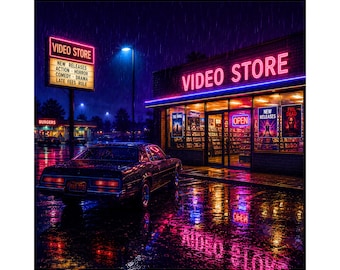 May include: A dark, rainy night scene featuring a video store with bright pink neon signage that reads VIDEO STORE. A vintage car is parked in the wet parking lot, reflecting the neon lights. Movie posters are displayed in the store windows.