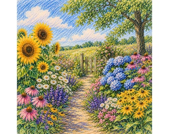 Disegno da stampare per un sentiero estivo in giardino con matite colorate, arte murale con prato fiorito, disegno di paesaggio con girasoli, decorazione per giardino in stile cottage